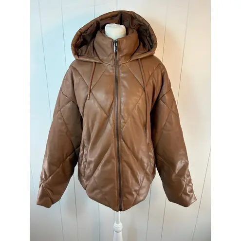 SEBBY Collection Faux Leather Short Puffer Jacket In Toffee Brown Size L
