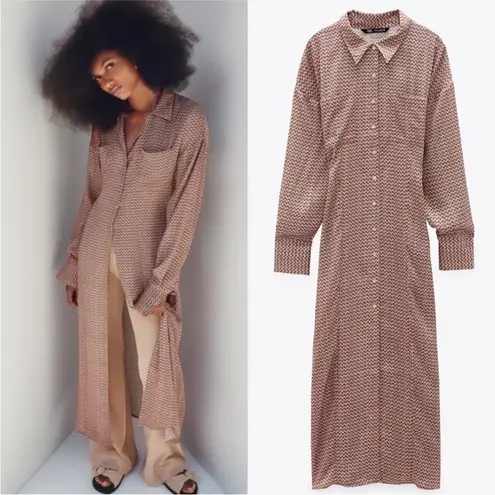 ZARA  Satin Effect Floral Print Button Front Shirt Dress Long Sleeve Duster Small