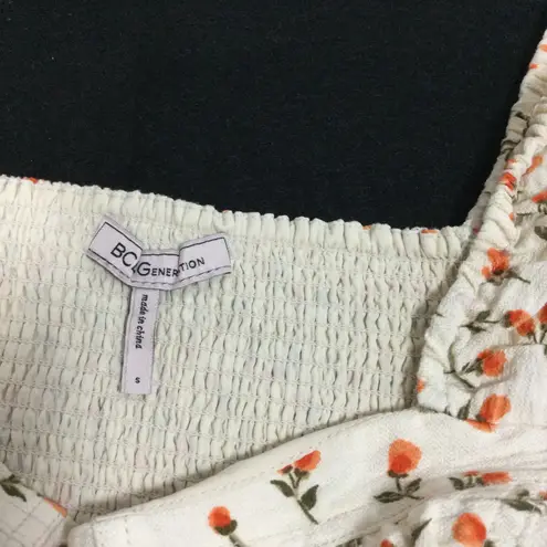 BCBG Generation Floral Puff Sleeve Smocked Square Neck Crop Top Women's Size S White