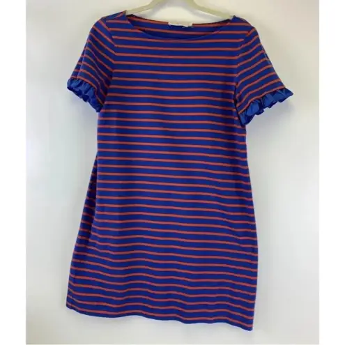 Tory Burch  Red Blue Striped Mini Dress Cotton Ruffle Trim short Sleeve Small