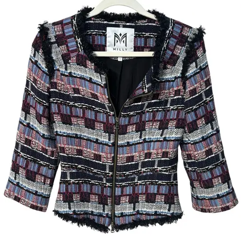 Milly Boucle Fringe Trim Tweed Cropped Jacket Zip Front Size 2