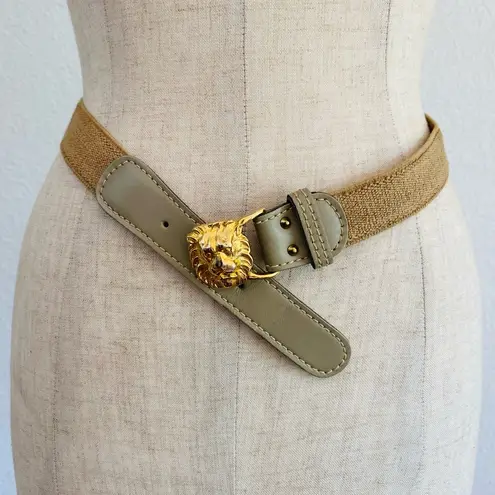 Anne Klein  VTG Lion Head Buckle Beige Brown Stretch Cinch Belt Elastic Leather M