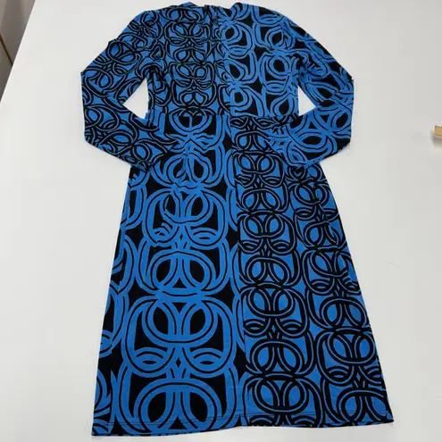 London Times Dress Womens Size 4 Blue Black Geometric Print V Neck Long Sleeve - Image 3