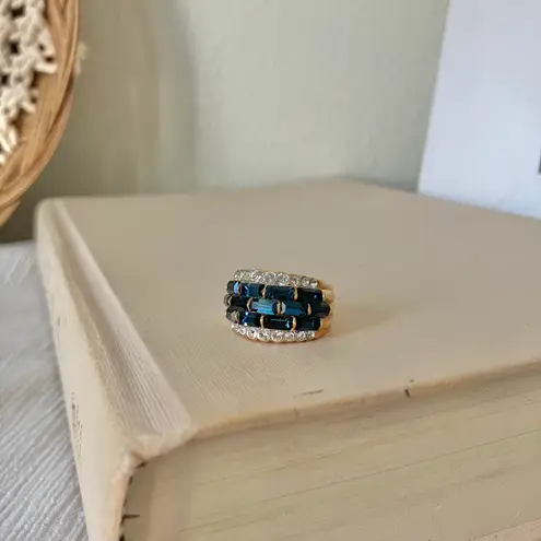 18KGE RSC Blue Glass Statement Ring Covenant Elegant Vintage Sparkly Glam Jewelry
