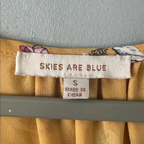 Skies Are Blue Mustard Yellow Floral Print Wrap Style Short Sleeve Dress