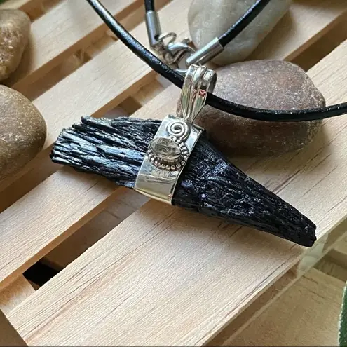 Handmade Black Kyanite & Herkimer Diamond Solid Sterling Silver Pendant Necklace