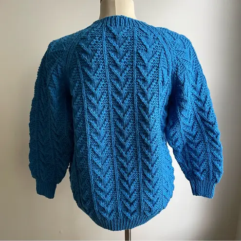 Handmade Vintage Women's Hand Cable Knit Wool Sweater Blue Half Heart Chunky Warm Small