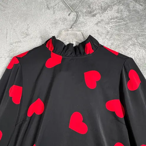 Studio Park Blouse Heart Print Ruffle Neck Long Sleeve Top Black Red Women Large