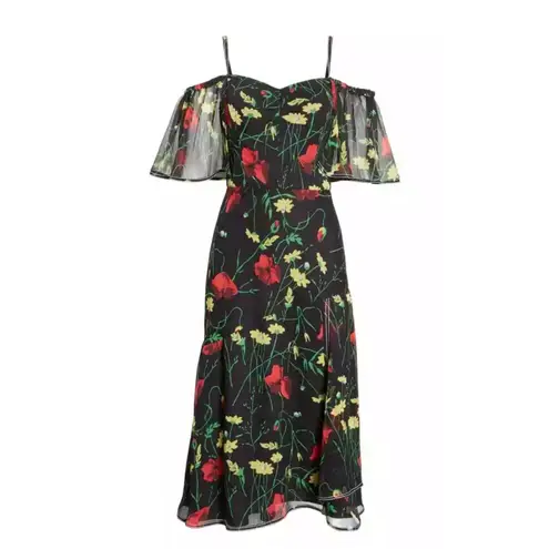 GREY by Jason Wu Black Floral Chiffon Silk Off Shoulder Midi Dress Size 6