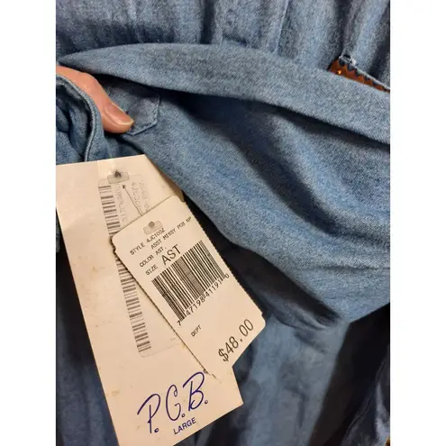 P.G.B. Western Denim Shirt Leather Fringe Lace Up Detail Large Blue