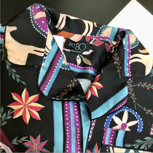 Patbo Satin Cordel Print Scarf Pattern Short Sleeve Button Down Peacocks Multi S