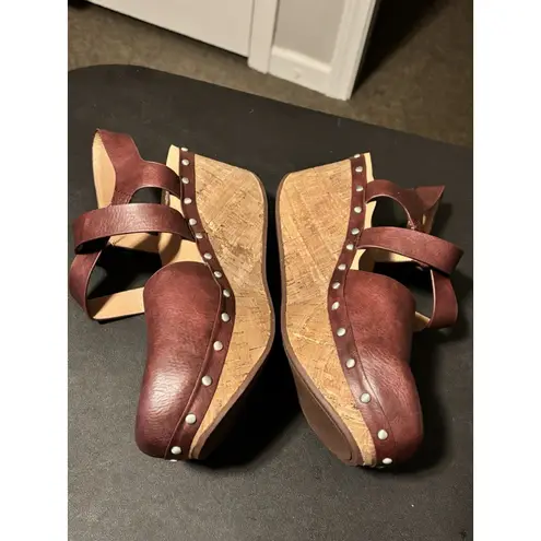 Yellowbox Barah Clog Shoes Size 10 Maroon Red Cork Wedge Silver Studs Casual