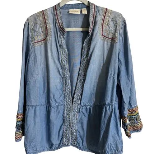 Chico's  Coin Detailed Lightweight Jacket Boho Jean Chambray XLP 3P Embroidered‎