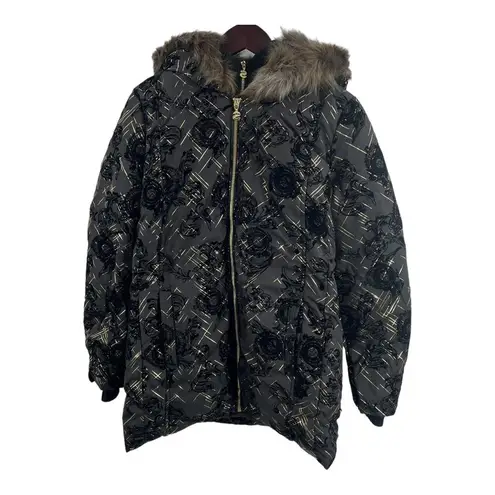 Desigual Parka 4 Black Gold Puffy Sweater Inset Hood Faux Fur New US 4