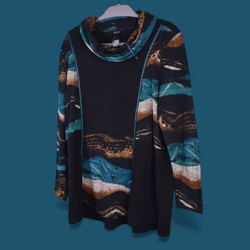 Ali Miles Sweater Women L Embroidered Colorblock Cowl Neck Oversized Tunic Art Black Size L