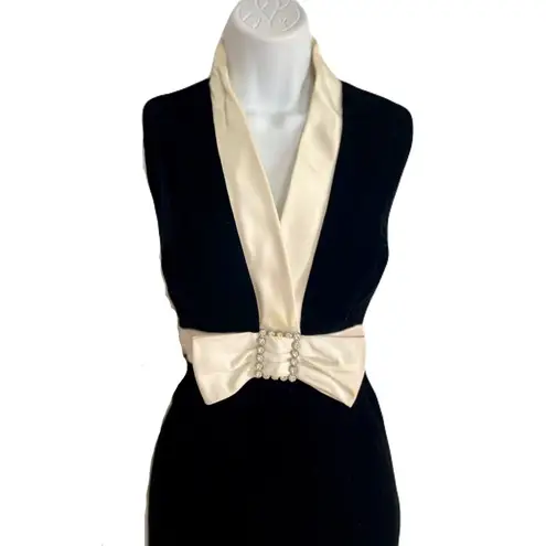 Vintage B. Altman Black Velvet, Ivory Satin w/ Crystals Bow Jumpsuit, Size 12