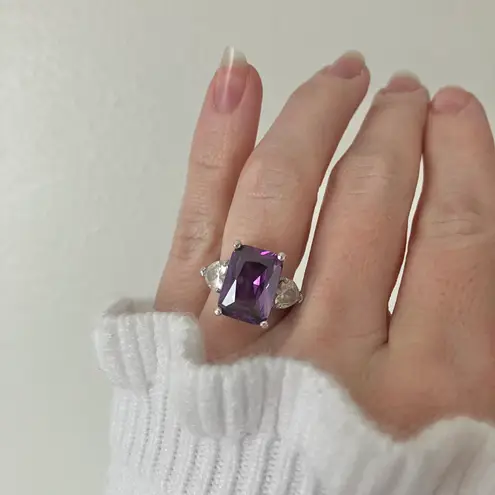 Large Purple Emerald Cut Stone Silver Ring “Violette” China Amethyst Art Deco Jewelry