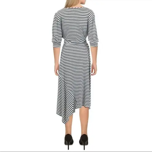 Karl Lagerfeld Paris Belted Striped Pouf Sleeve Round Neck Midi Fit Flare Dress