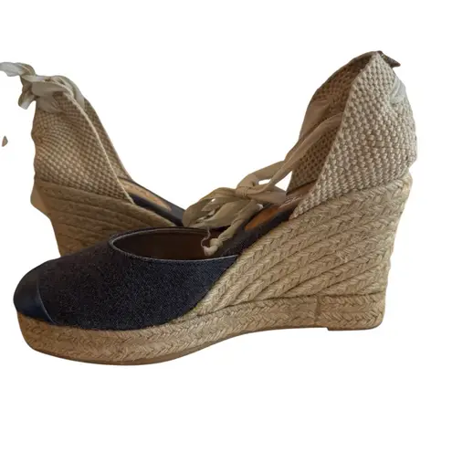 Mint and Rose Lolita Espadrille Wedge Metallic Goat Leather & Canvas EU37(US6.5) Blue Size 6.5