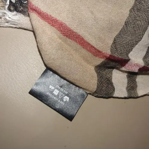 V. Fraas Scarf Wrap Beige Plaid Vintage Fringe Edges Lightweight Cotton Viscose