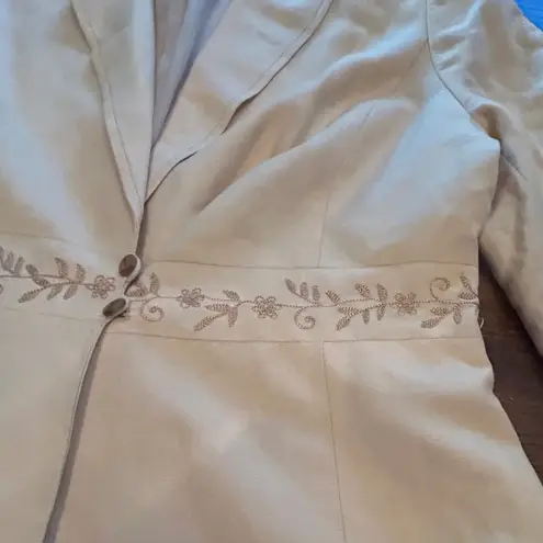 Kasper Petite Beige Floral Embroidered Linen Blend Blazer Jacket Womens Size 12P