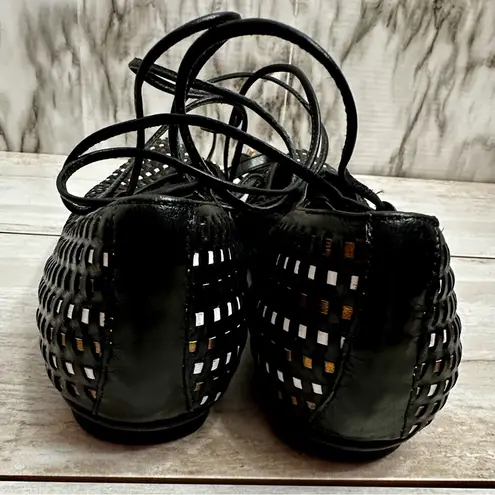 Black Lace Up Leg Wrap Gladiator Leather Ballet Flats Woven Handmade Basketweave Size 9