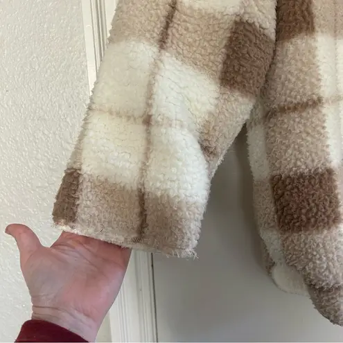 Weatherproof Beige Plaid Ivory Reversible Sherpa Hooded Cardigan S/M