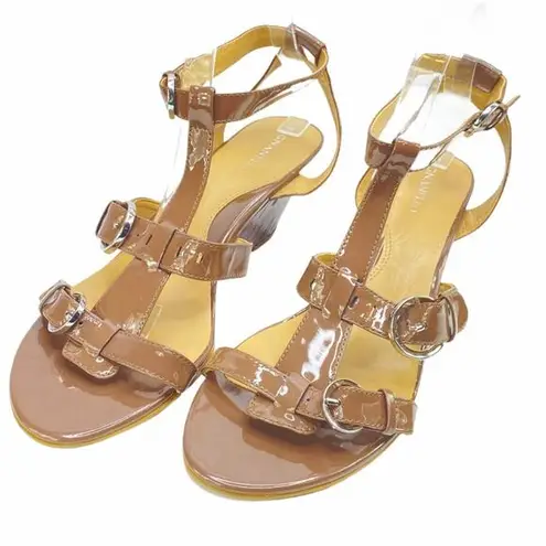 Tignanello Patent Leather Wedge Sandals 10 Open Toe Buckles Straps Tan Brown