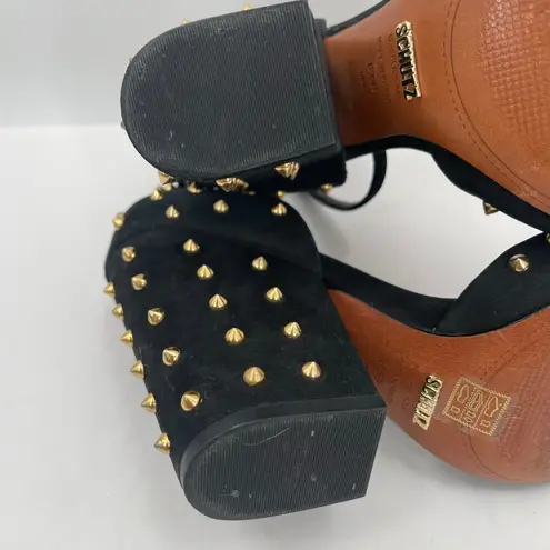 Schutz Dionise Heels Size 8.5 Black Nubuck Gold Stud Spike Open Toe Block Strap