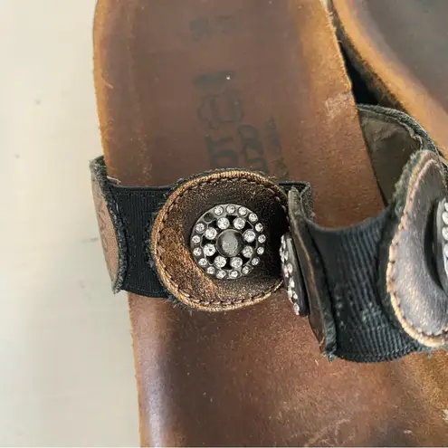 NAOT Marissa Metallic Bronze Strap Rhinestone Wedge Heel Leather Boho Sandal Size 7.5