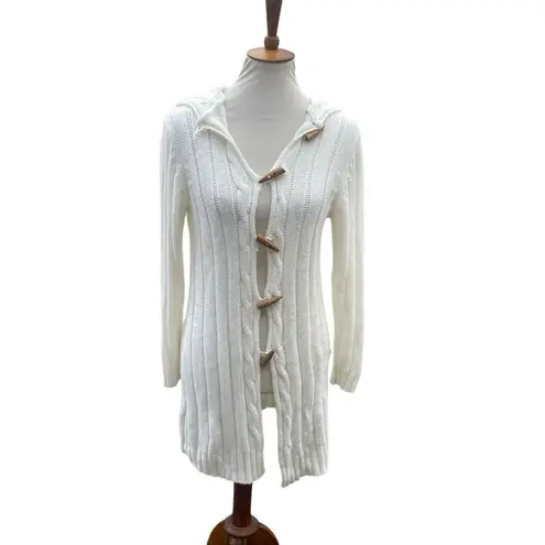 Fancy Design White Knit Hooded Sweater Jacket Toggle Buttons Size S/M NWOT
