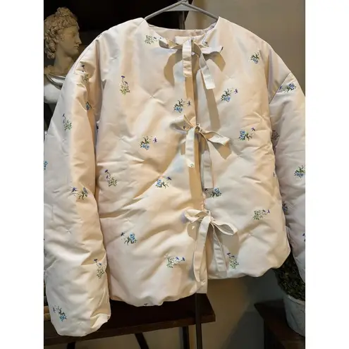 Sleeper Ukiyo Tie Front Puffer Jacket Flower Print Womens Size XS White