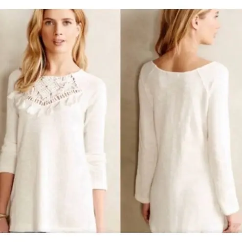 Anthropologie Floreat Macrame Crochet Knit Long Sleeve White Sweater, M Size M