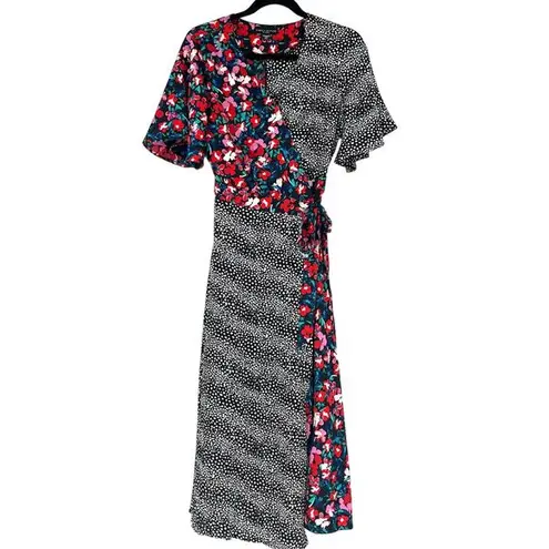 simply styled Vintage Mixed Print Wrap Dress Flutter Sleeve Floral Polka Dot S