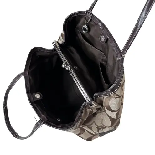 Coach  Khaki and Mahogany Stripe Signature Kisslock Carryall Bag F19190