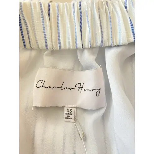 Charles Henry XS Off Shoulder‎ Midi Dress White Blue Stripe Belted Cotton Lined