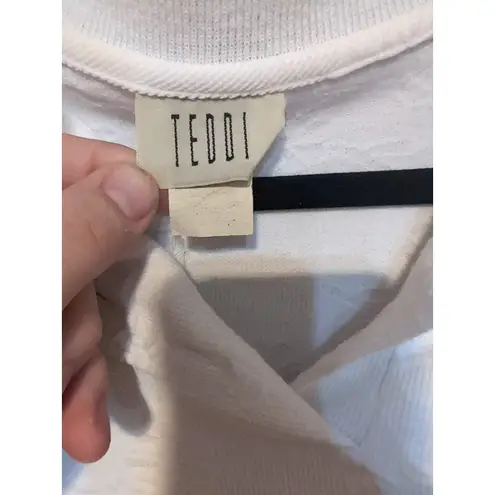 Teddi White Textured Polo Shirt, Women's Large Embroidered Tropical Island Scene