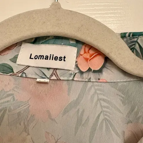 Green Tropical Bird Floral Button Up Shirt L Resort Vacation Retro Boho Blouse Blue Size L