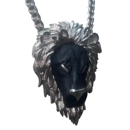 Vintage 1970s Luca Razza Large Collectible Black & Silver Lion Pendent Necklace Black