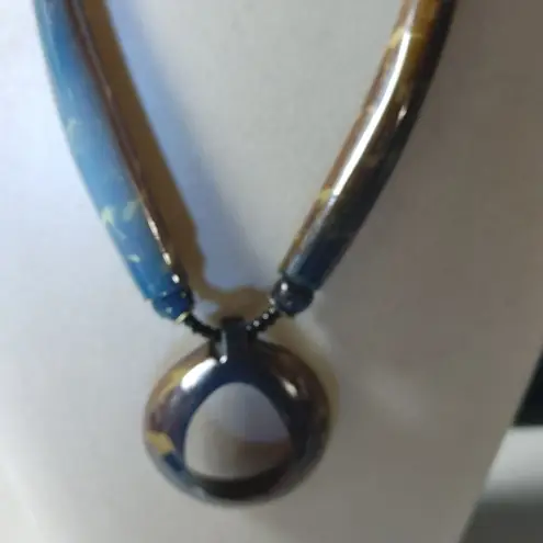 Brown Tan Horn Pendant Necklace Vintage Seed Beaded Strand Barrel Clasp Resin