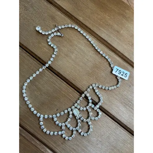 Vintage Rhinestone Bib Necklace Statement Piece Silver