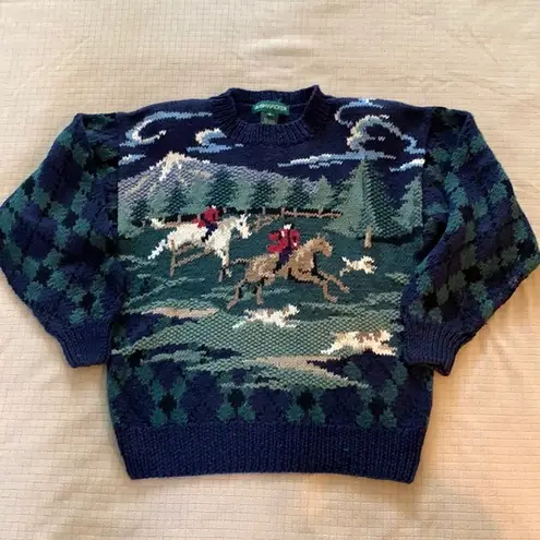 🚫SOLD🚫Vintage Bushwacker Horse and Dogs Scene Heavy, Chunky Sweater Size S Blue