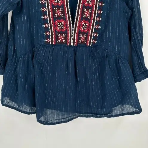 Ba&sh  Womens Embroidered V-Neck 3/4 Sleeve AGDA Boho Top Blue Size 6 small