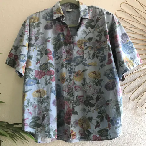 Gloria Vanderbilt Blue snap closure floral flower collared shirt short sleeve - 100% COTTON