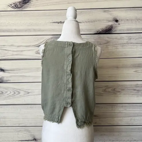 Thread and Supply  Linen Sage Green Frayed Hem Button Crop Top