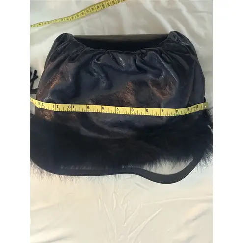 Vintage Castellari Navy Blue Leather & Fur Shoulder Bag, Y2K Dark Blue Italian