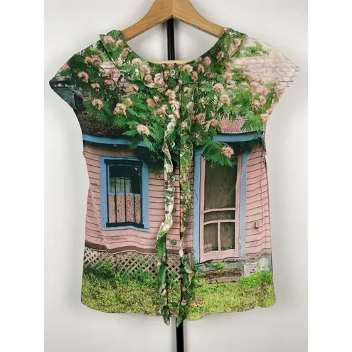 Sarah Ball Photography Cottage Garden Artsy 100% Silk Button Back Blouse Size 2 Green