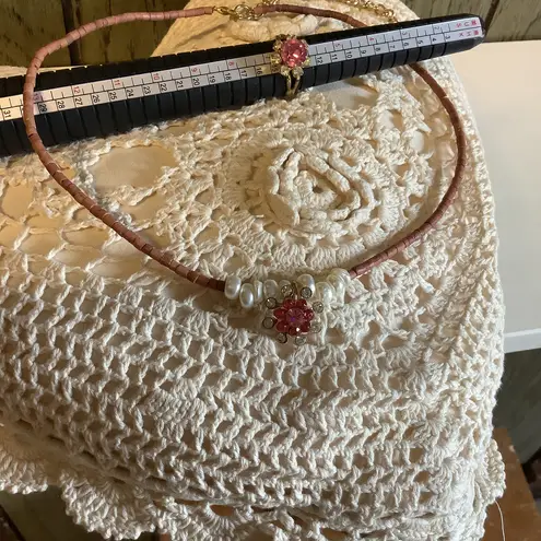Handmade Pink Sparkle Pendant White Fresh Water Pearl Choker Set / Vintage Ring