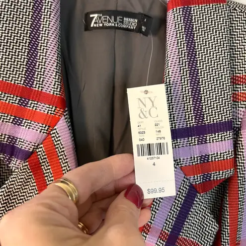 7th Avenue Blazer Jacket Gray Purple Red‎ Plaid Notch Lapel Belted Size 4 Red