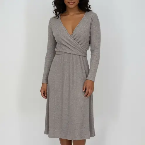 AMADI Wrap Knit Midi Dress Taupe Long Sleeve V Neck Ruched Casual Size S Gray